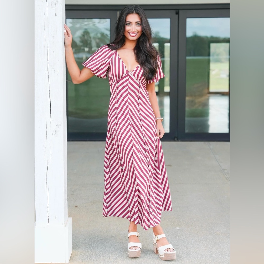 Striped V-Neck Poet Sleeve Maxi Dress - Burgundy Cream size Large